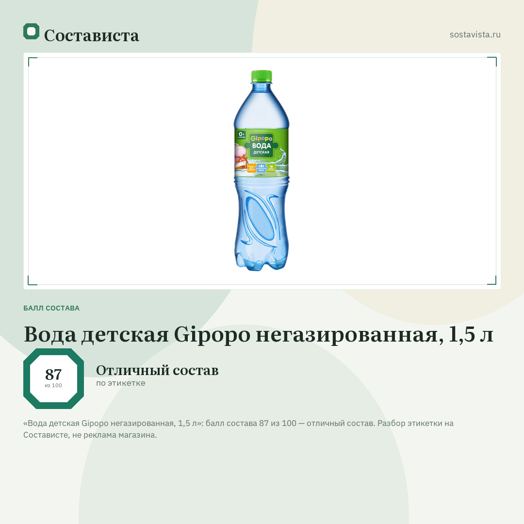 Вода детская Gipopo негазированная, 1,5 л: балл состава 87 из 100 — Состависта