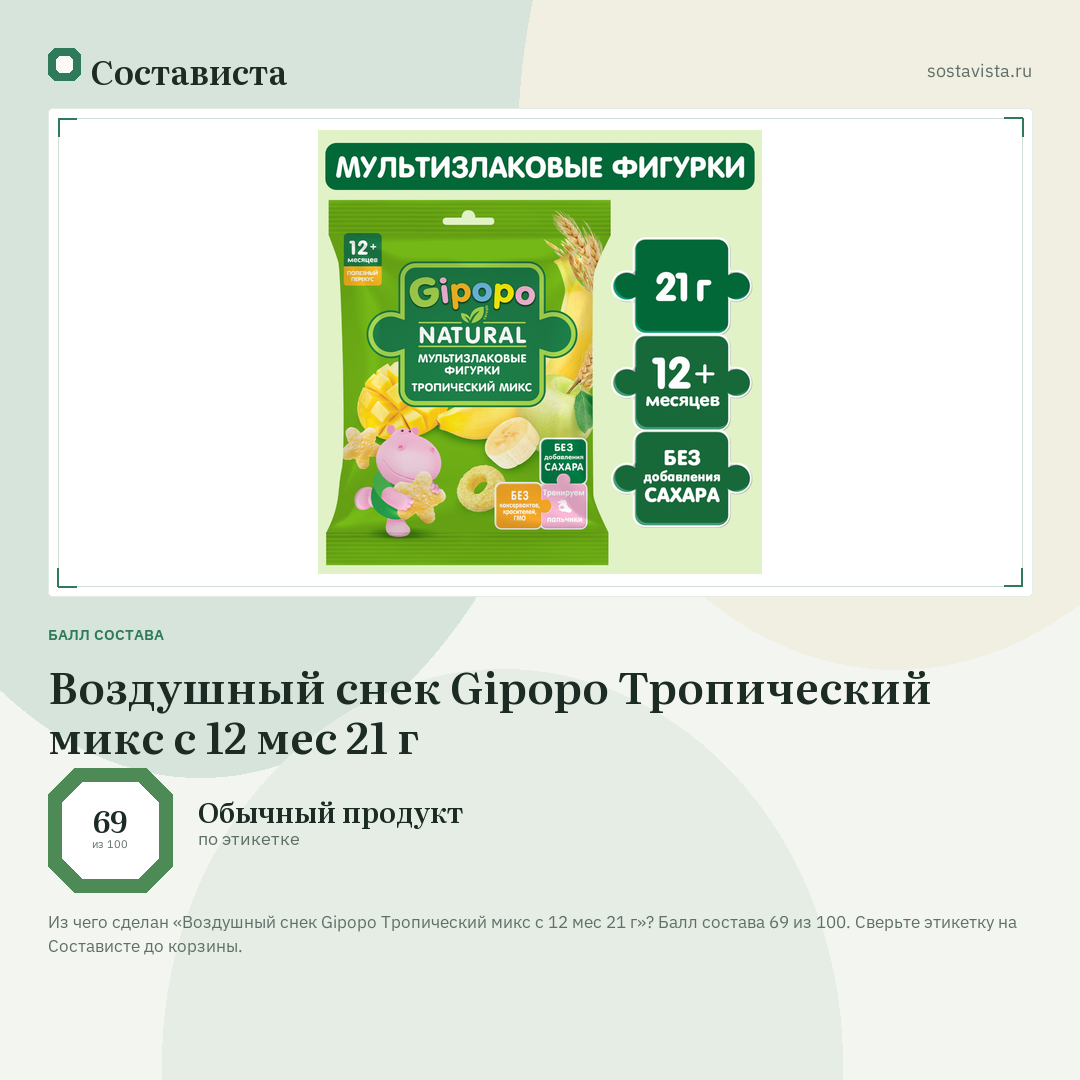 Воздушный снек Gipopo Тропический микс с 12 мес 21 г: балл состава 69 из 100 — Состависта