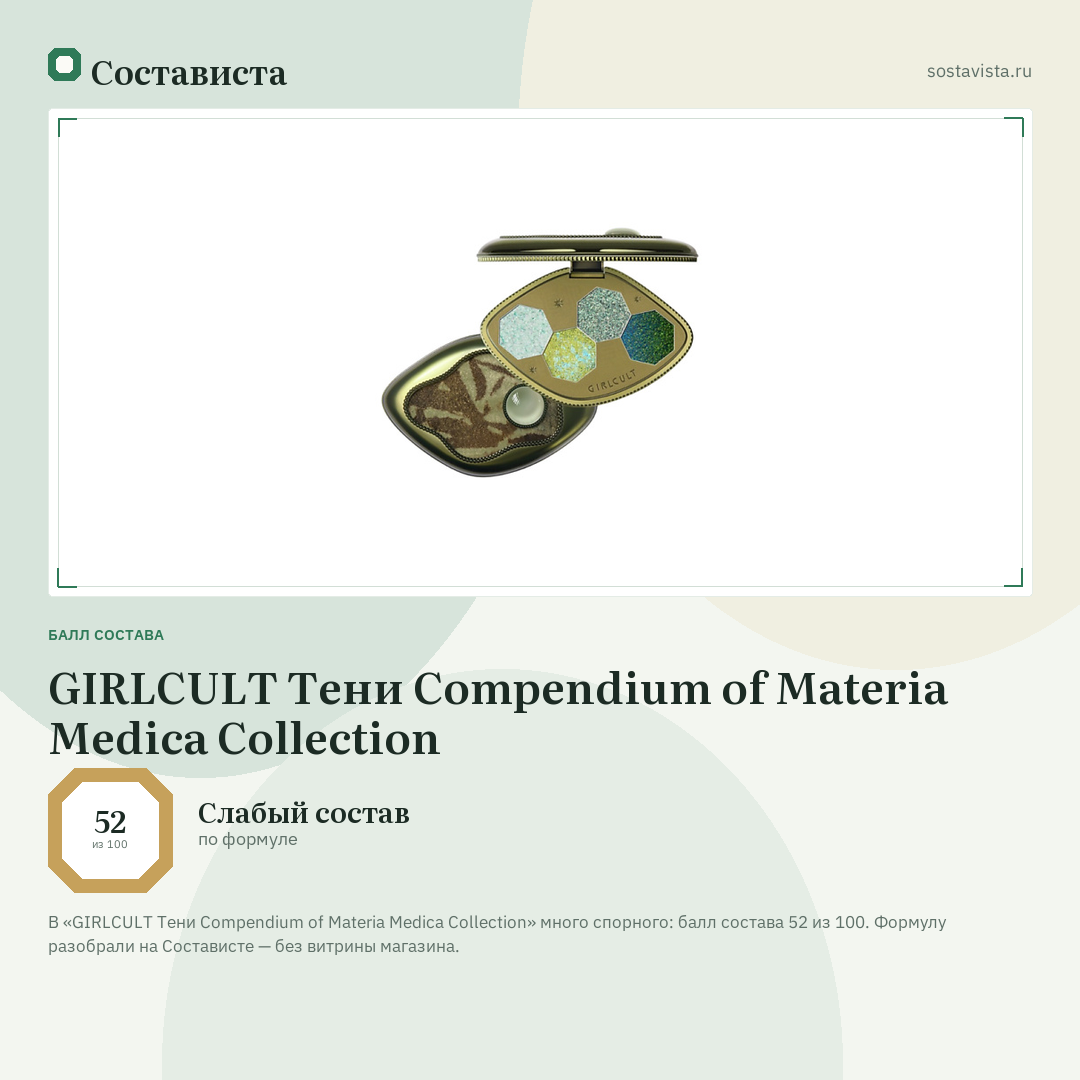 GIRLCULT Тени Compendium of Materia Medica Collection: балл состава 52 из 100 — Состависта