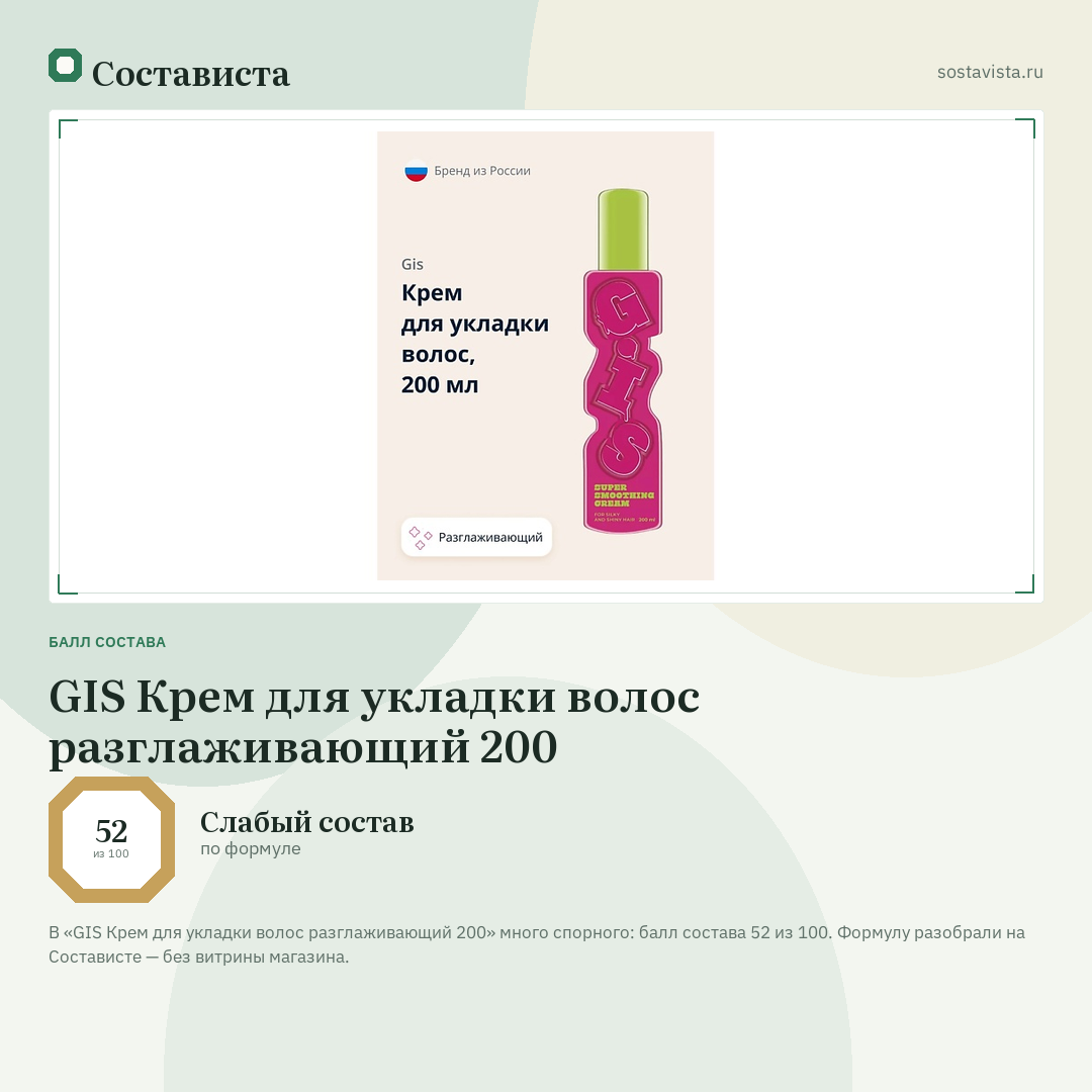 GIS Крем для укладки волос разглаживающий 200: балл состава 52 из 100 — Состависта