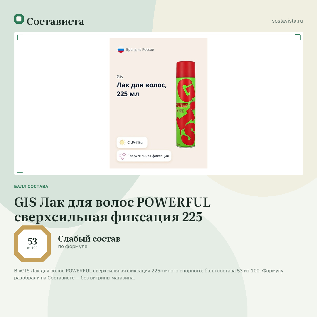 GIS Лак для волос POWERFUL сверхсильная фиксация 225: балл состава 53 из 100 — Состависта