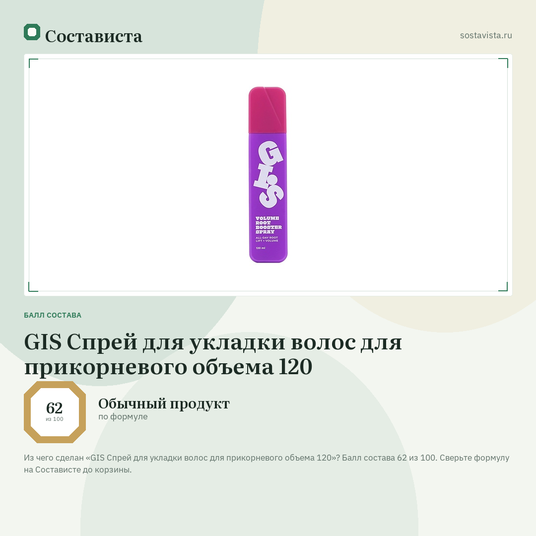 GIS Спрей для укладки волос для прикорневого объема 120: балл состава 62 из 100 — Состависта