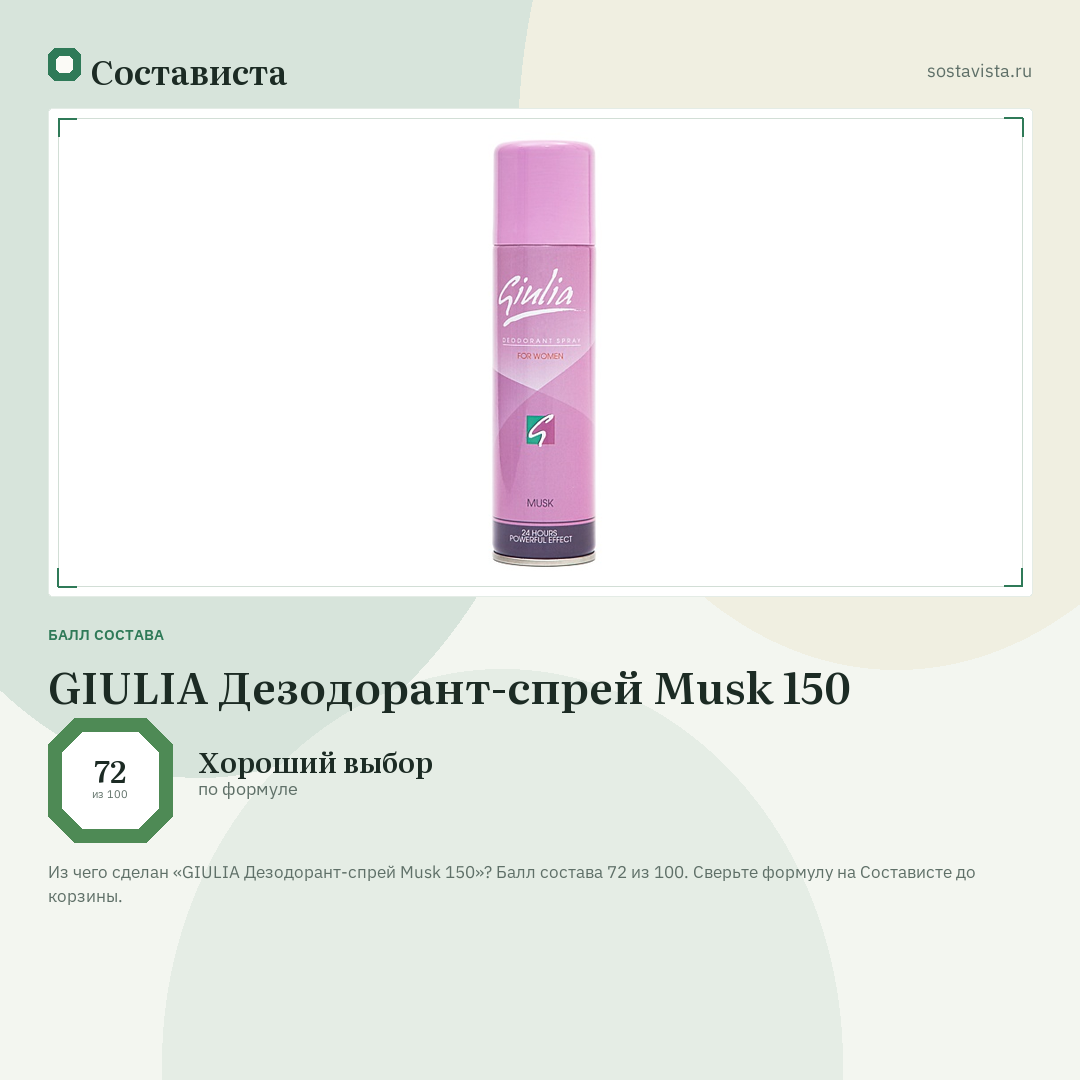 GIULIA Дезодорант-спрей Musk 150: балл состава 72 из 100 — Состависта