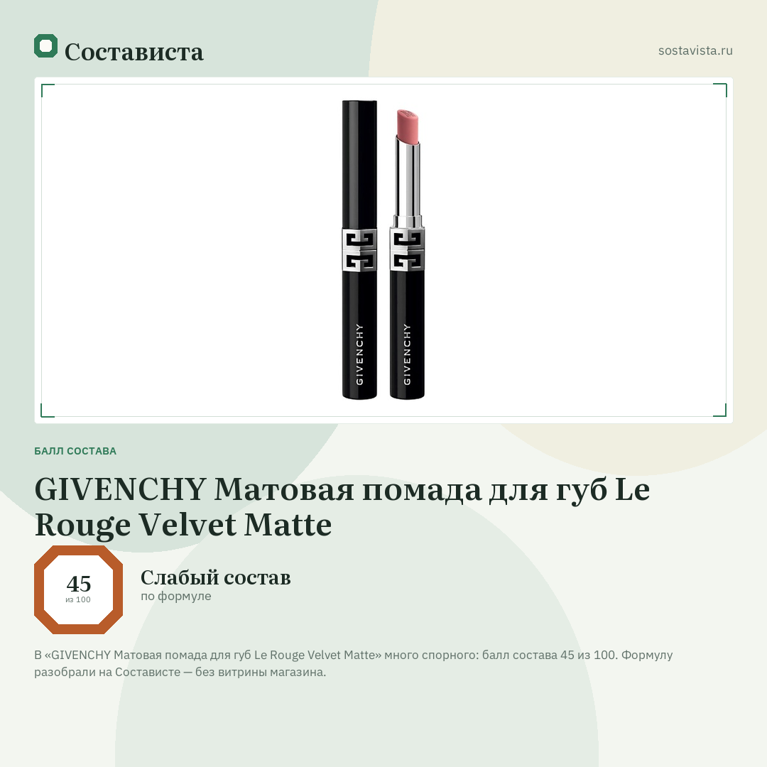 GIVENCHY Матовая помада для губ Le Rouge Velvet Matte: балл состава 45 из 100 — Состависта