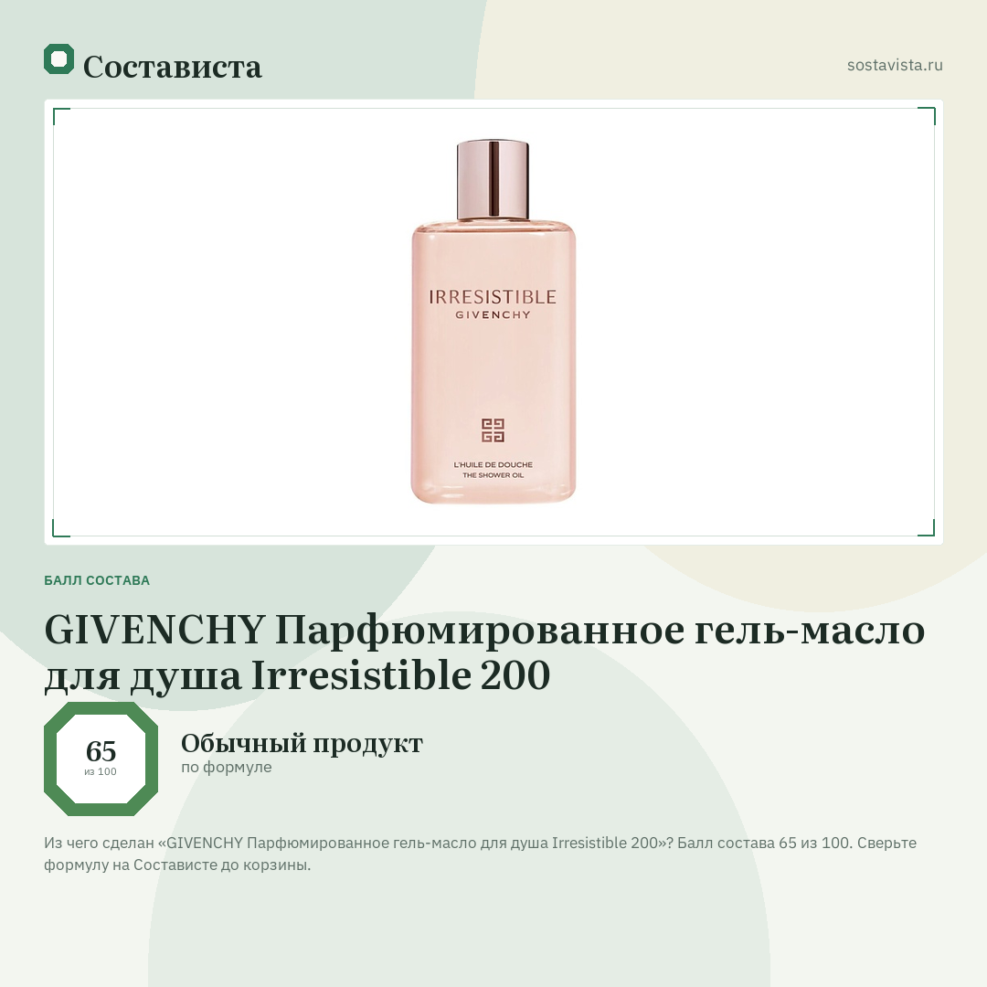 GIVENCHY Парфюмированное гель-масло для душа Irresistible 200: балл состава 65 из 100 — Состависта