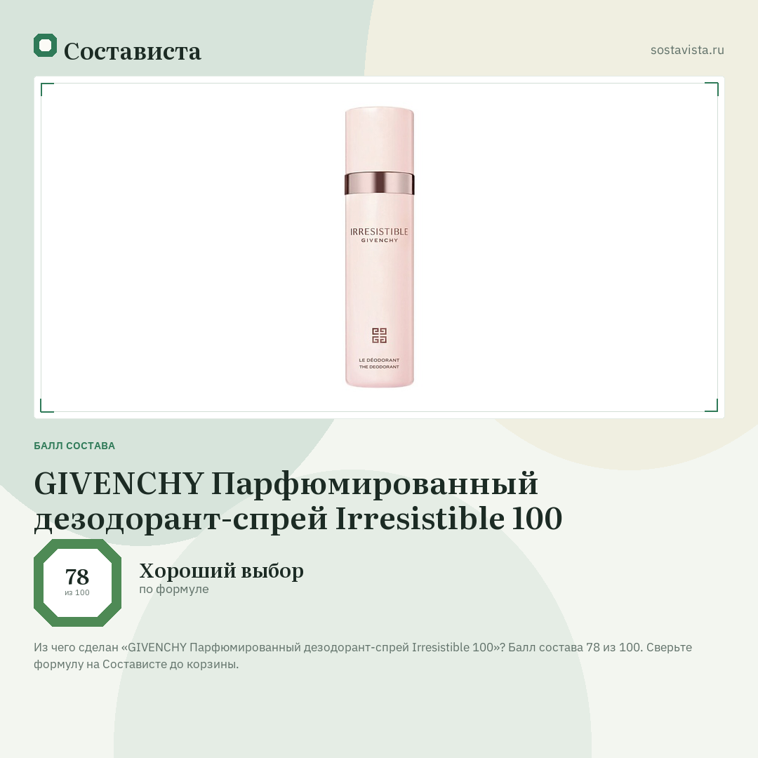 GIVENCHY Парфюмированный дезодорант-спрей Irresistible 100: балл состава 78 из 100 — Состависта