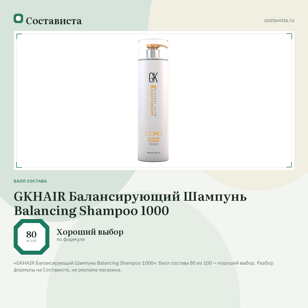 GKHAIR Балансирующий Шампунь Balancing Shampoo 1000: балл состава 80 из 100 — Состависта