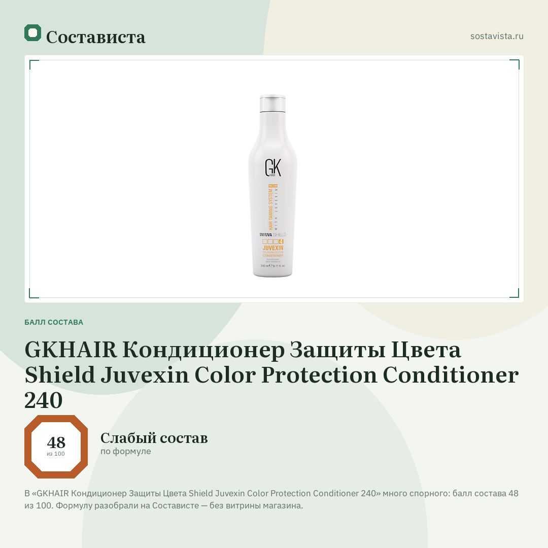 GKHAIR Кондиционер Защиты Цвета Shield Juvexin Color Protection Conditioner 240: балл состава 48 из 100 — Состависта