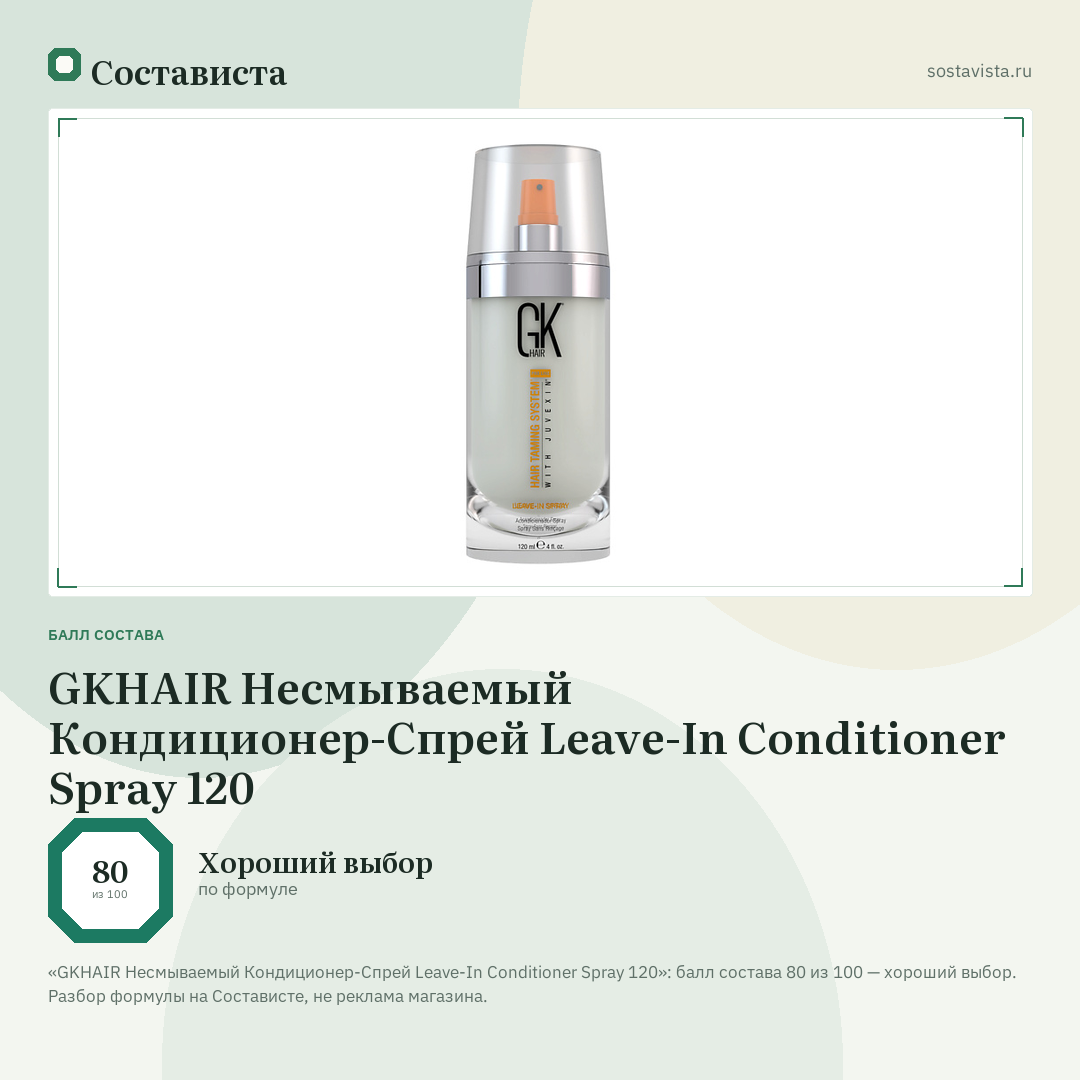 GKHAIR Несмываемый Кондиционер-Спрей Leave-In Conditioner Spray 120: балл состава 80 из 100 — Состависта
