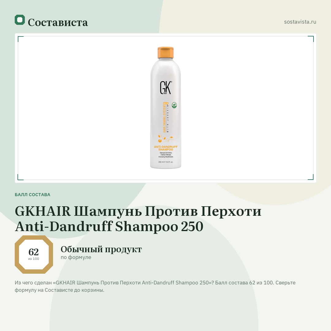 GKHAIR Шампунь Против Перхоти Anti-Dandruff Shampoo 250: балл состава 62 из 100 — Состависта
