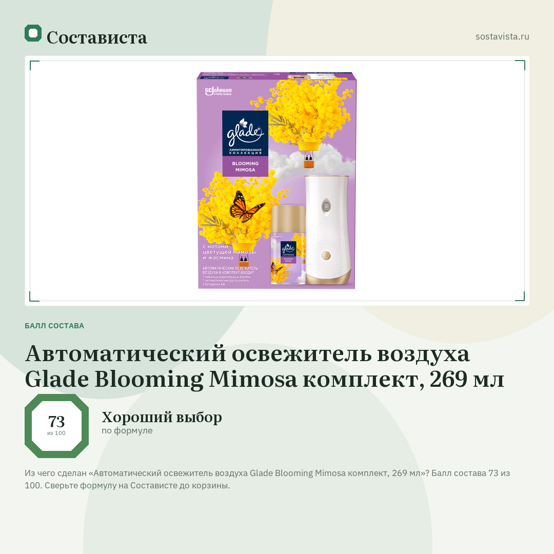 Автоматический освежитель воздуха Glade Blooming Mimosa комплект, 269 мл: балл состава 73 из 100 — Состависта