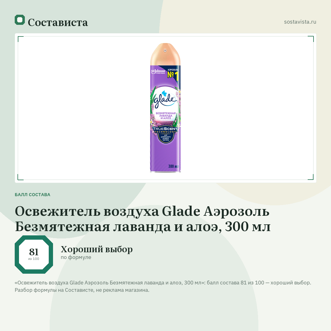 Освежитель воздуха Glade Аэрозоль Безмятежная лаванда и алоэ, 300 мл: балл состава 81 из 100 — Состависта