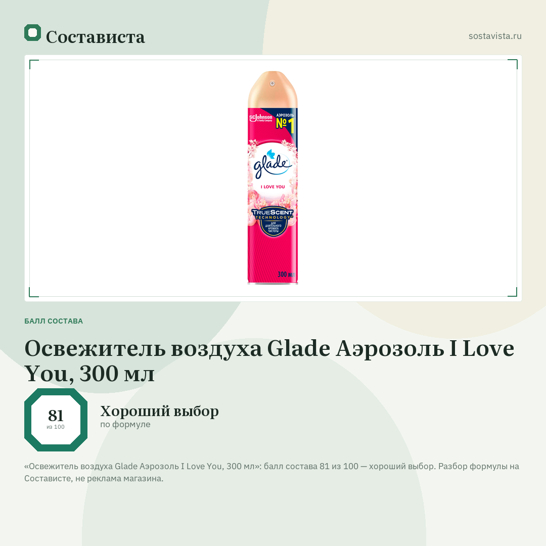 Освежитель воздуха Glade Аэрозоль I Love You, 300 мл: балл состава 81 из 100 — Состависта