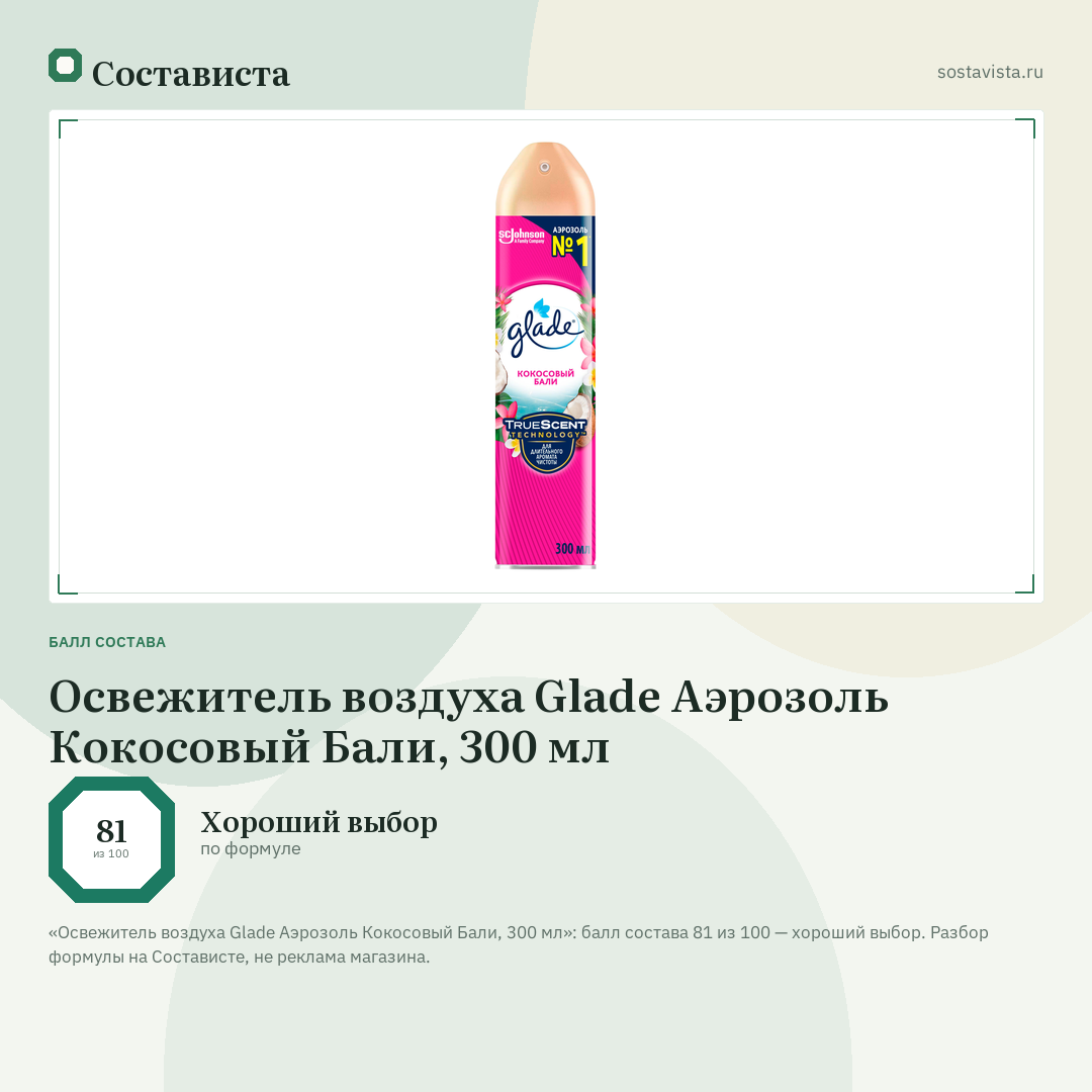 Освежитель воздуха Glade Аэрозоль Кокосовый Бали, 300 мл: балл состава 81 из 100 — Состависта