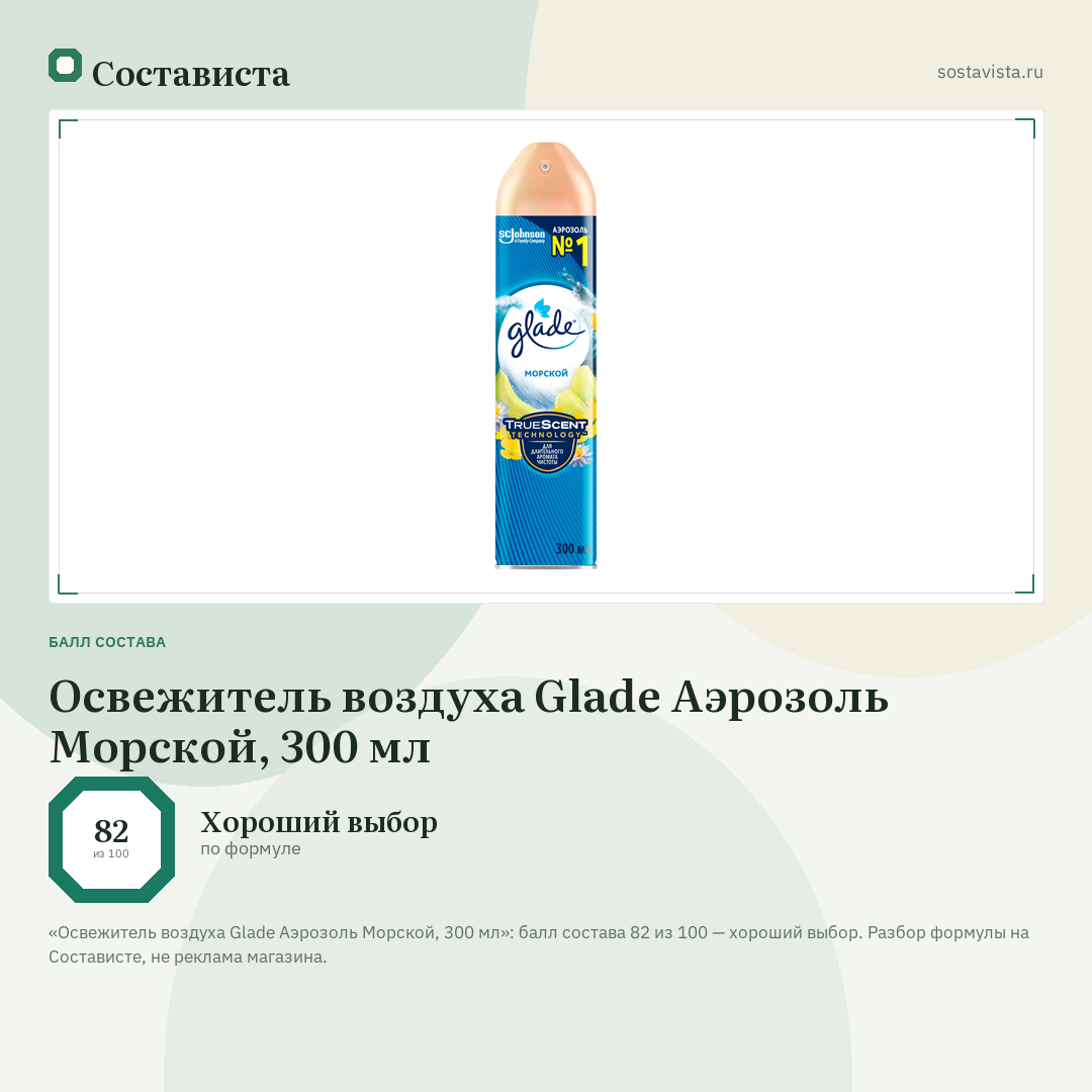 Освежитель воздуха Glade Аэрозоль Морской, 300 мл: балл состава 82 из 100 — Состависта