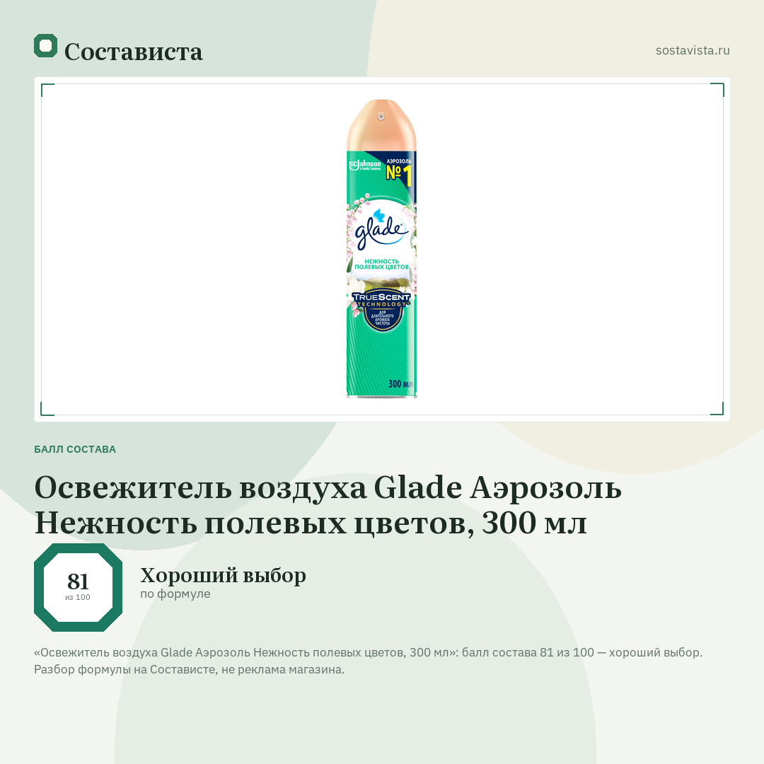 Освежитель воздуха Glade Аэрозоль Нежность полевых цветов, 300 мл: балл состава 81 из 100 — Состависта