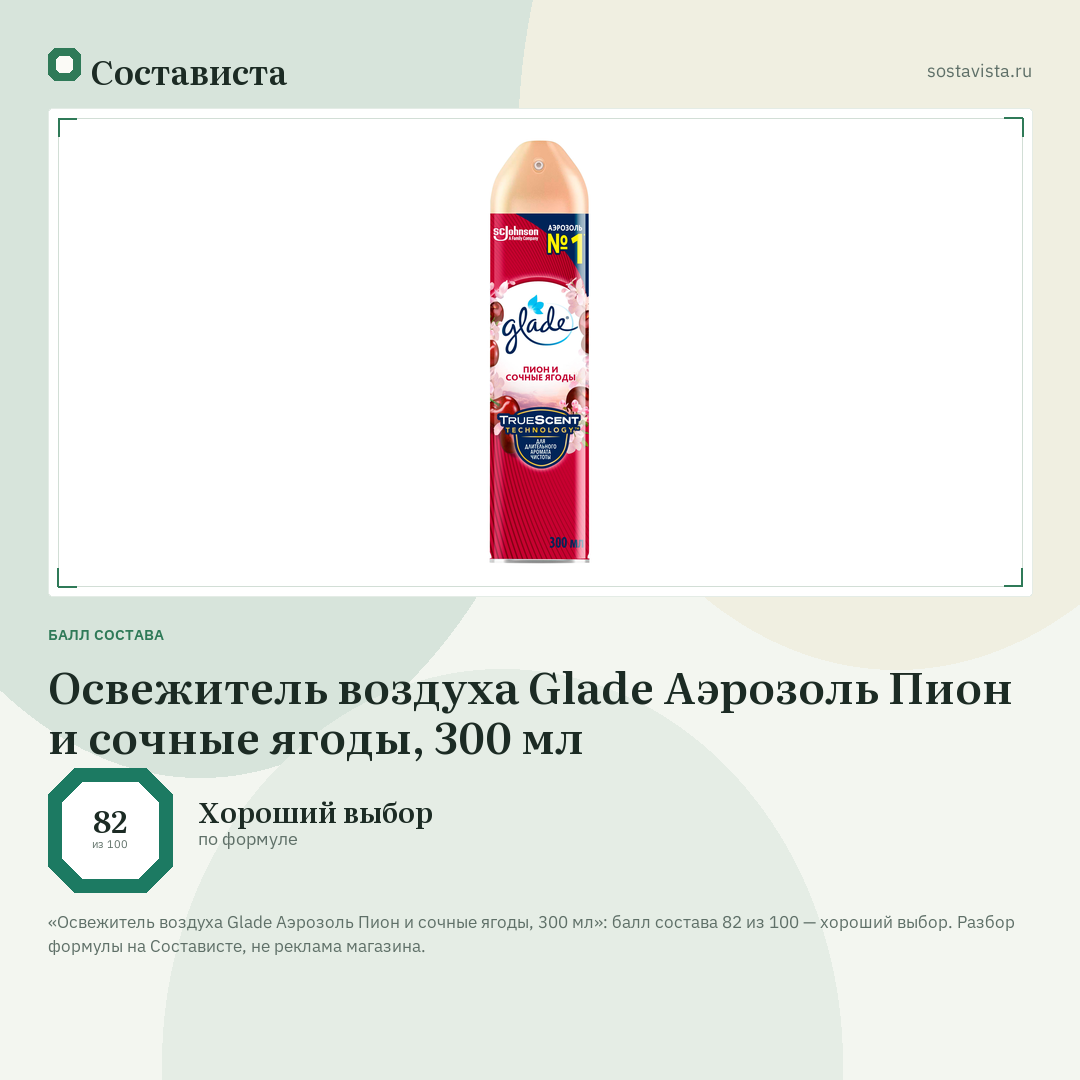Освежитель воздуха Glade Аэрозоль Пион и сочные ягоды, 300 мл: балл состава 82 из 100 — Состависта