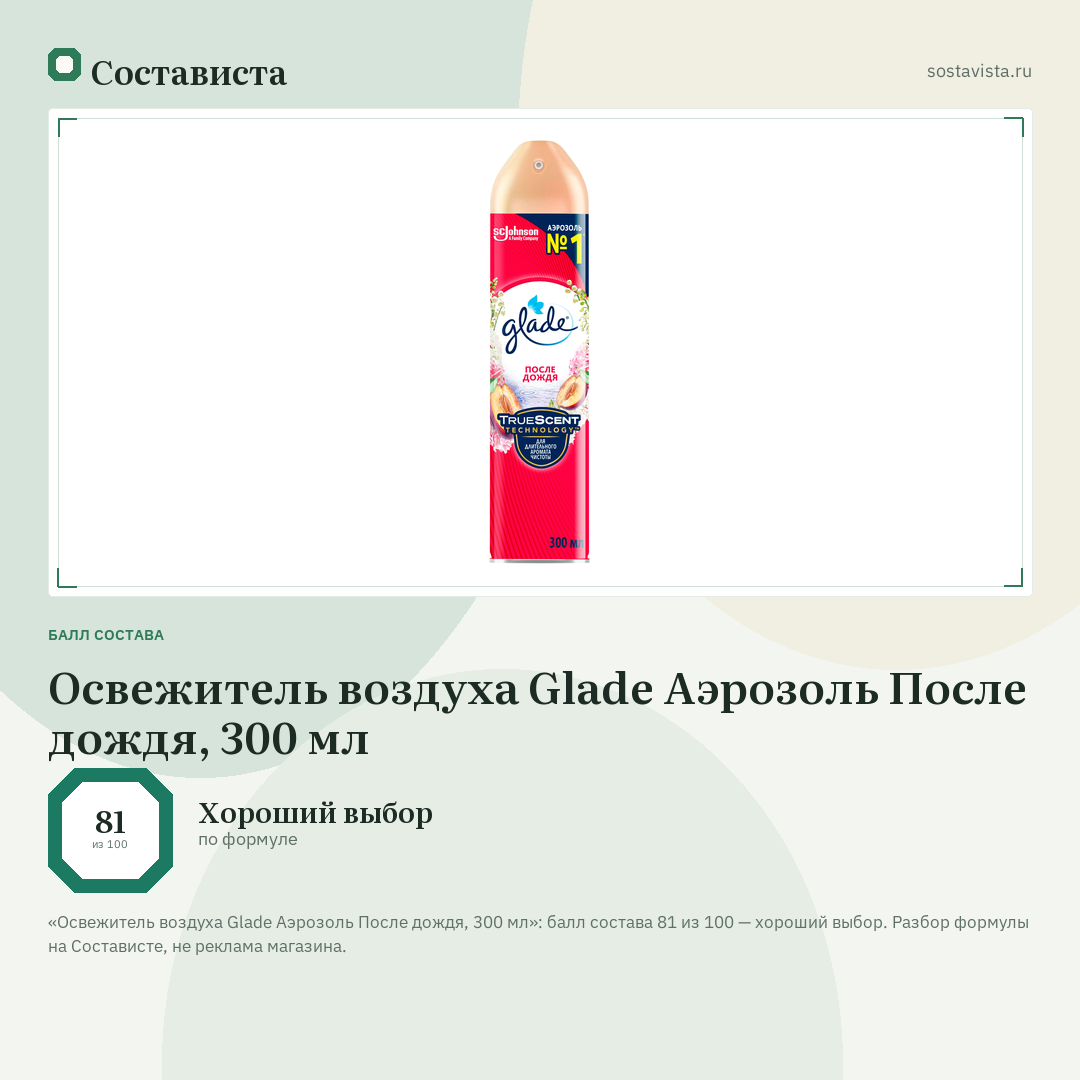 Освежитель воздуха Glade Аэрозоль После дождя, 300 мл: балл состава 81 из 100 — Состависта