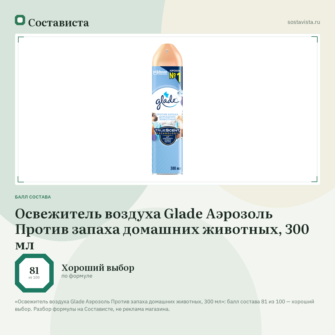 Освежитель воздуха Glade Аэрозоль Против запаха домашних животных, 300 мл: балл состава 81 из 100 — Состависта