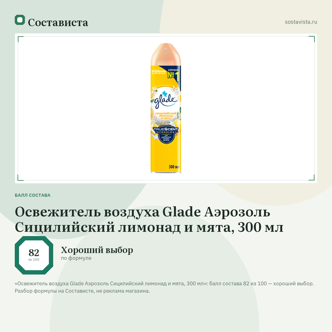 Освежитель воздуха Glade Аэрозоль Сицилийский лимонад и мята, 300 мл: балл состава 82 из 100 — Состависта