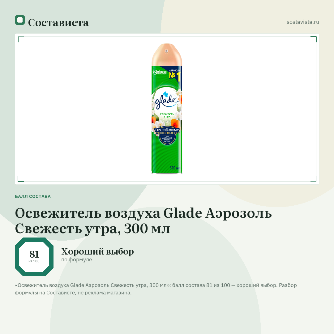 Освежитель воздуха Glade Аэрозоль Свежесть утра, 300 мл: балл состава 81 из 100 — Состависта