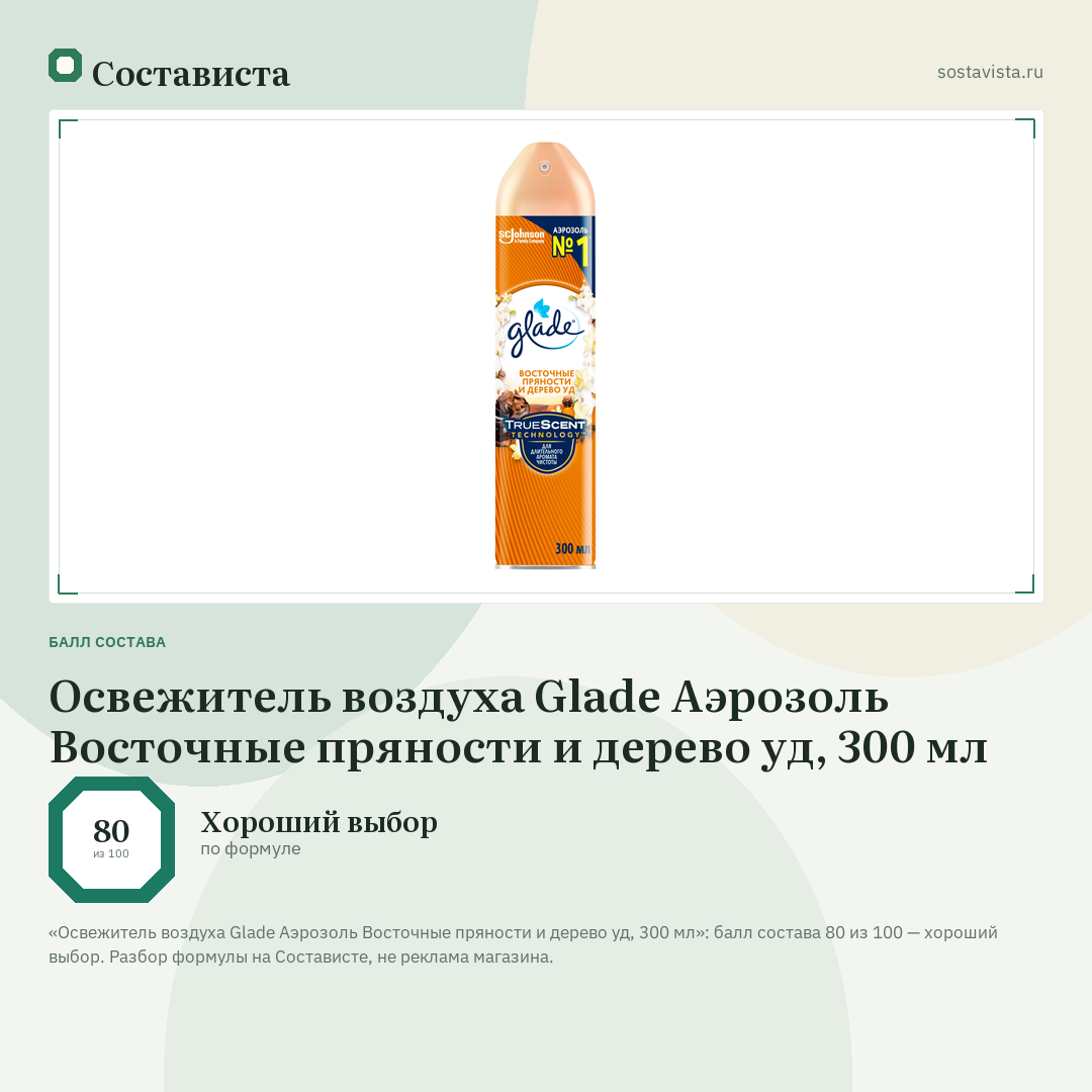 Освежитель воздуха Glade Аэрозоль Восточные пряности и дерево уд, 300 мл: балл состава 80 из 100 — Состависта