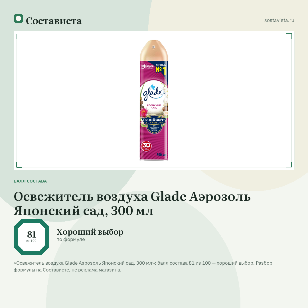 Освежитель воздуха Glade Аэрозоль Японский сад, 300 мл: балл состава 81 из 100 — Состависта