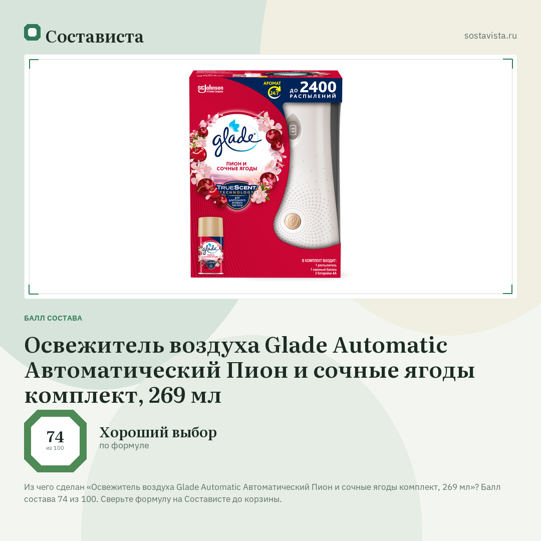 Освежитель воздуха Glade Automatic Автоматический Пион и сочные ягоды комплект, 269 мл: балл состава 74 из 100 — Состависта