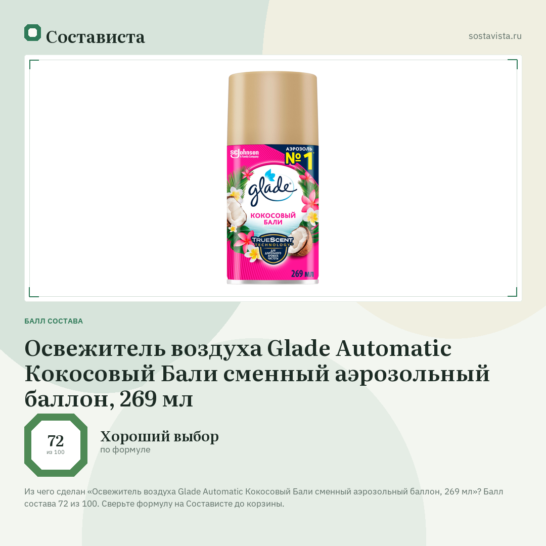 Освежитель воздуха Glade Automatic Кокосовый Бали сменный аэрозольный баллон, 269 мл: балл состава 72 из 100 — Состависта