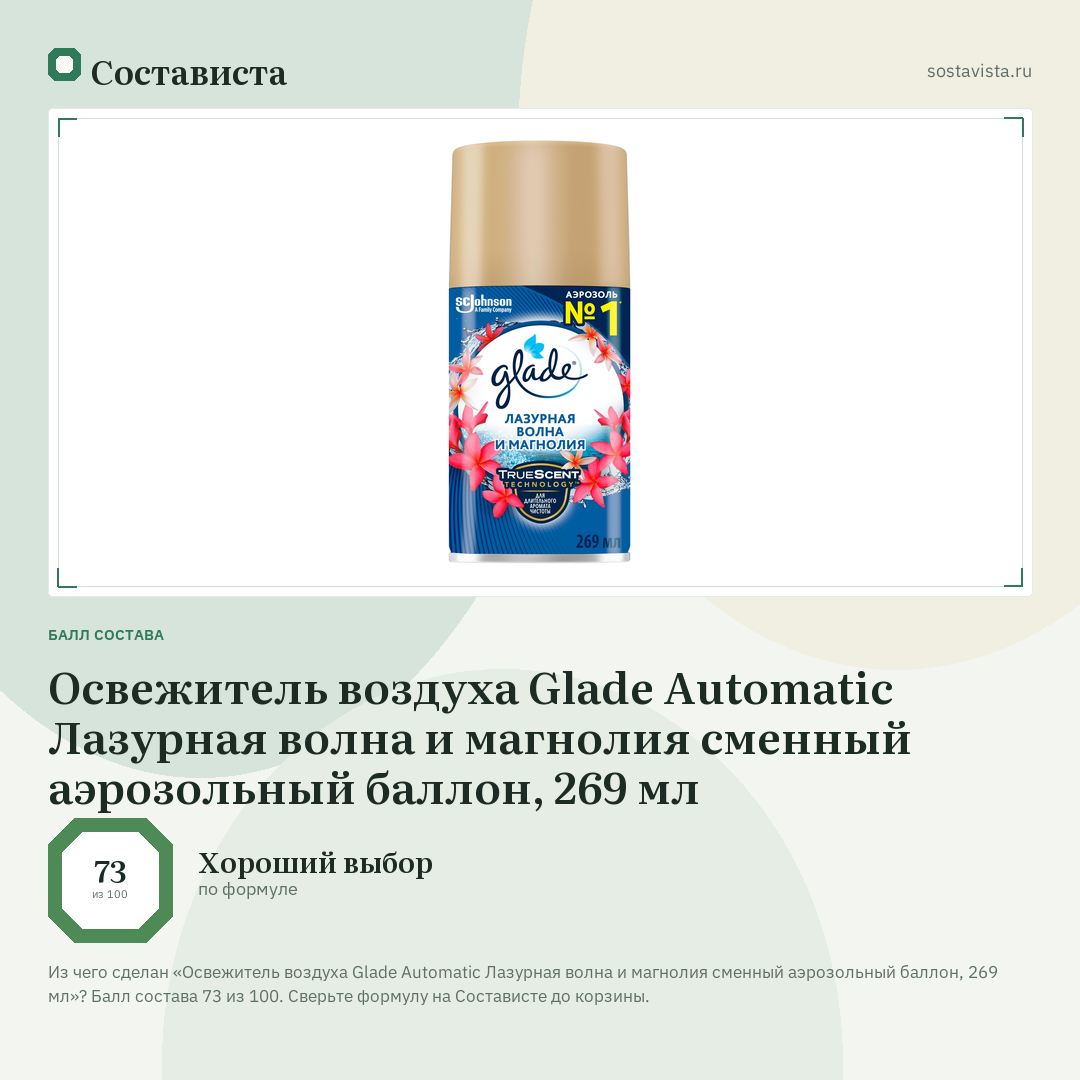 Освежитель воздуха Glade Automatic Лазурная волна и магнолия сменный аэрозольный баллон, 269 мл: балл состава 73 из 100 — Состависта