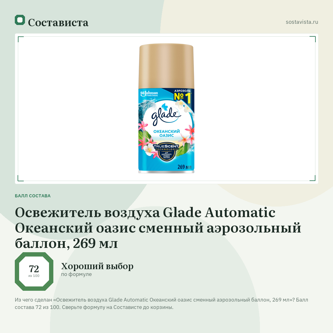 Освежитель воздуха Glade Automatic Океанский оазис сменный аэрозольный баллон, 269 мл: балл состава 72 из 100 — Состависта