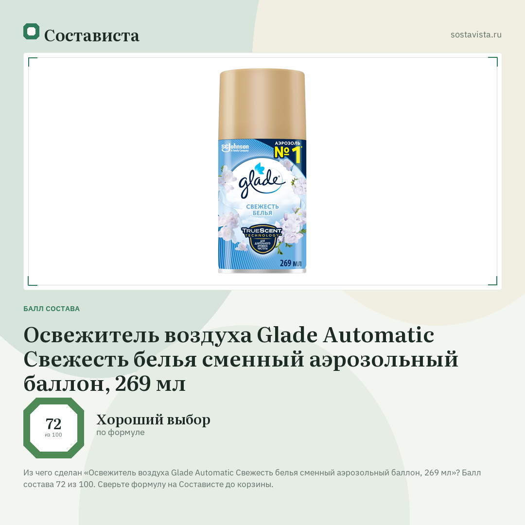 Освежитель воздуха Glade Automatic Свежесть белья сменный аэрозольный баллон, 269 мл: балл состава 72 из 100 — Состависта