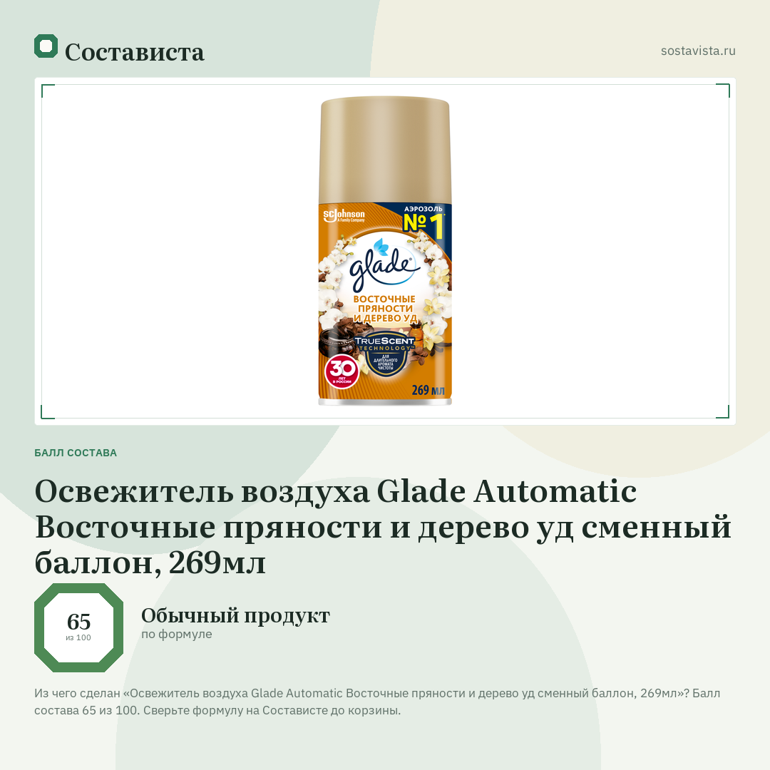 Освежитель воздуха Glade Automatic Восточные пряности и дерево уд сменный баллон, 269мл: балл состава 65 из 100 — Состависта
