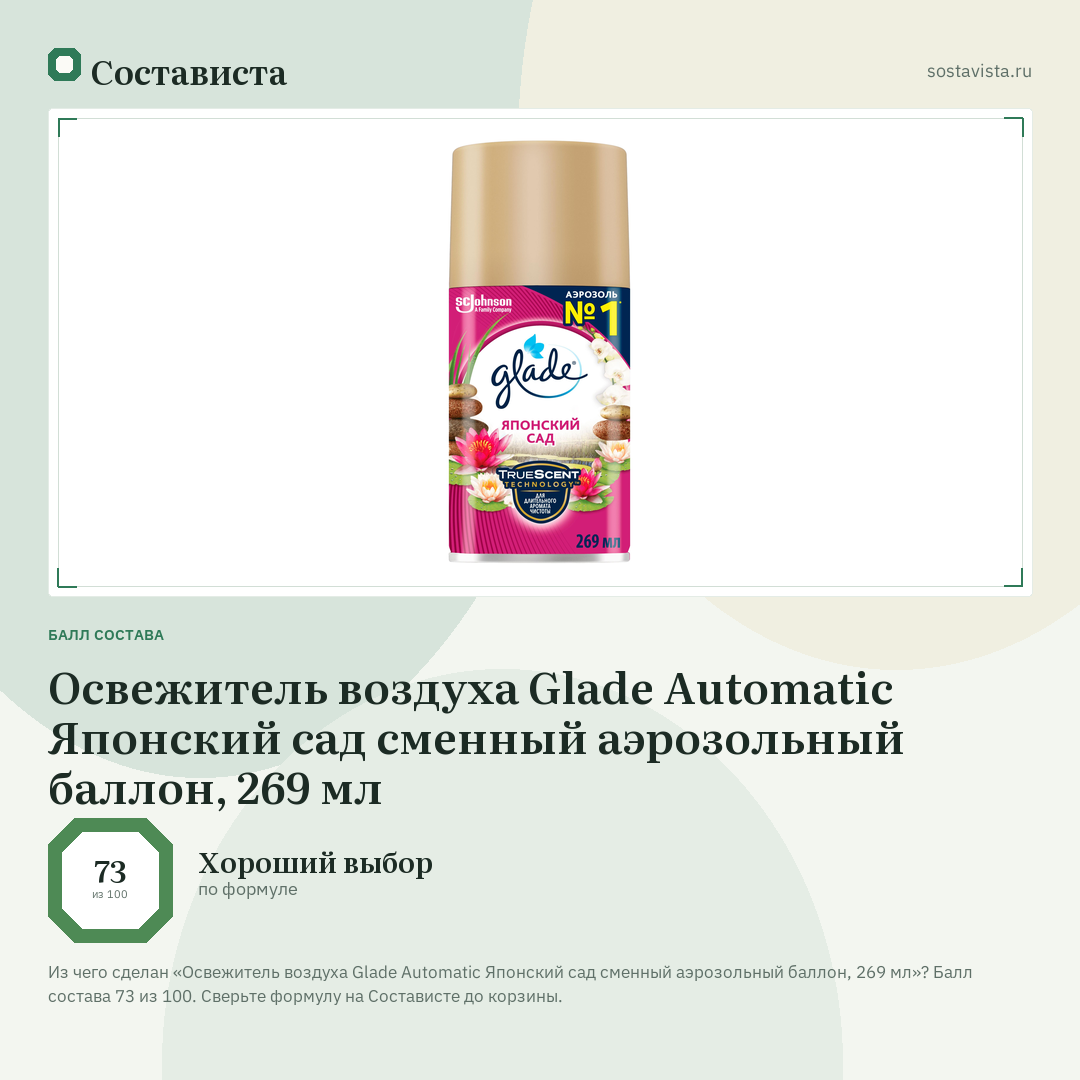 Освежитель воздуха Glade Automatic Японский сад сменный аэрозольный баллон, 269 мл: балл состава 73 из 100 — Состависта