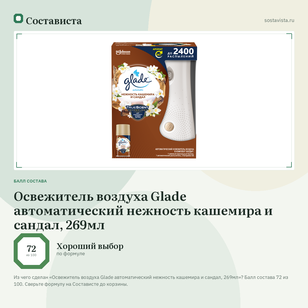 Освежитель воздуха Glade автоматический нежность кашемира и сандал, 269мл: балл состава 72 из 100 — Состависта