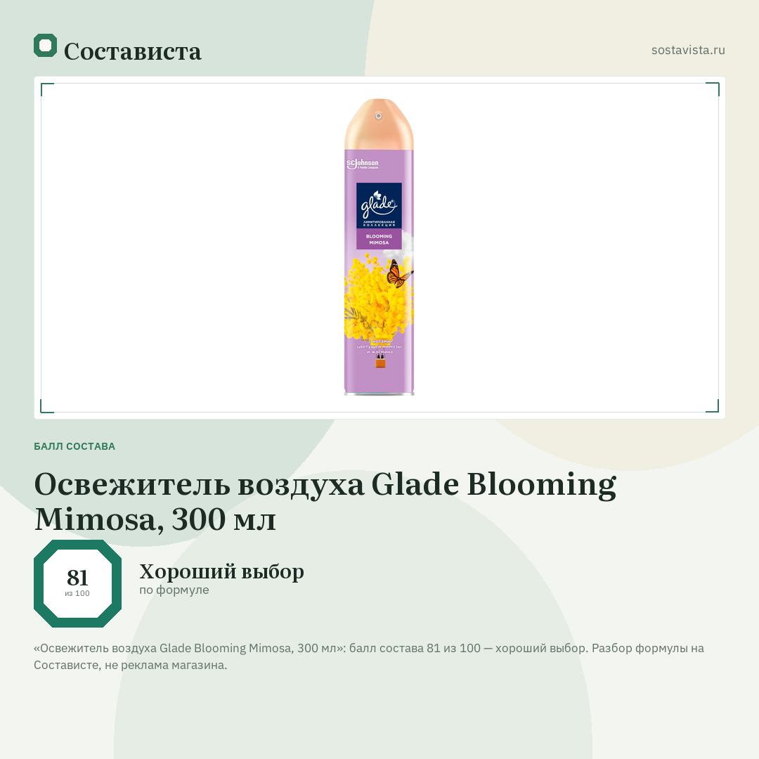 Освежитель воздуха Glade Blooming Mimosa, 300 мл: балл состава 81 из 100 — Состависта