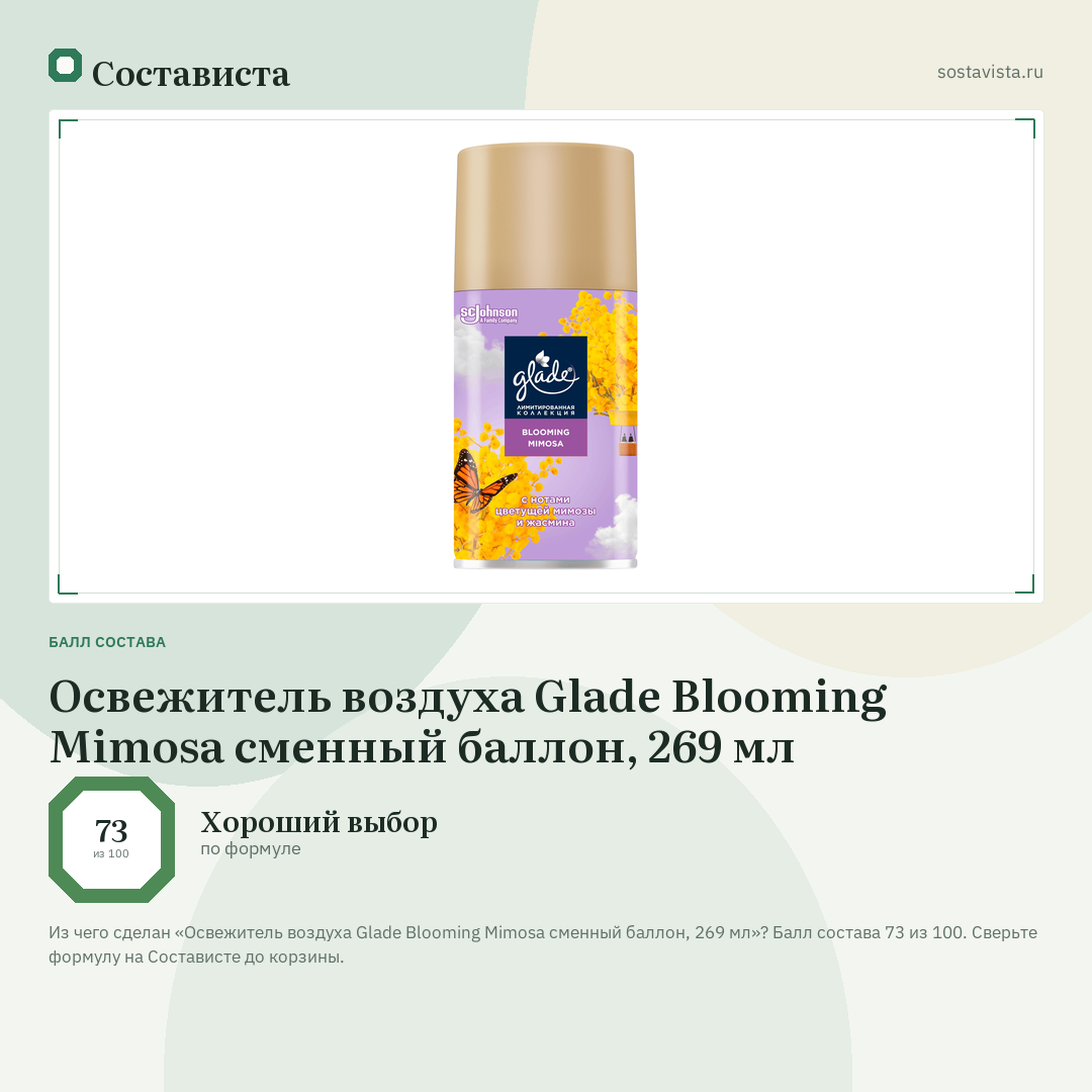 Освежитель воздуха Glade Blooming Mimosa сменный баллон, 269 мл: балл состава 73 из 100 — Состависта