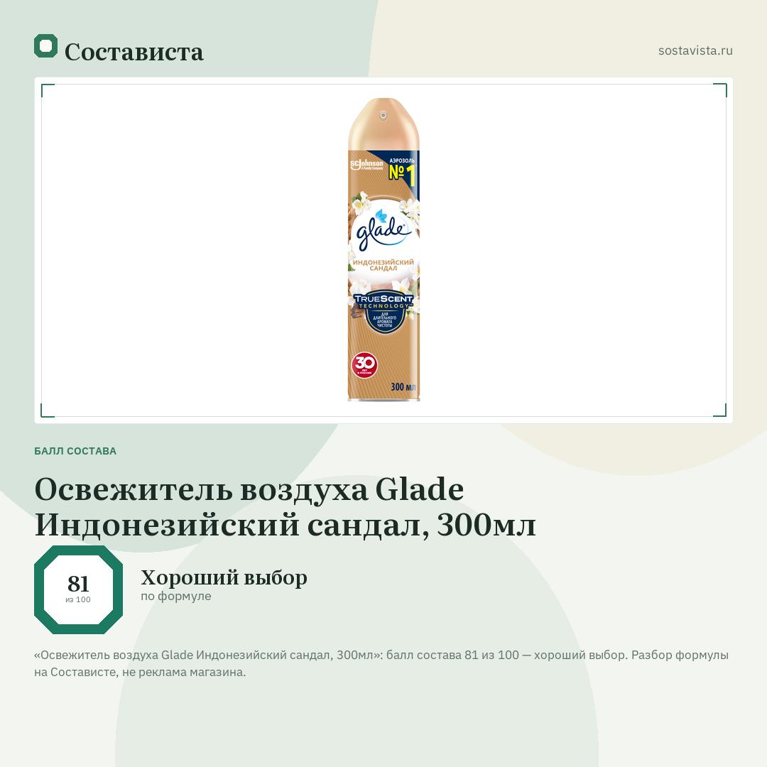 Освежитель воздуха Glade Индонезийский сандал, 300мл: балл состава 81 из 100 — Состависта