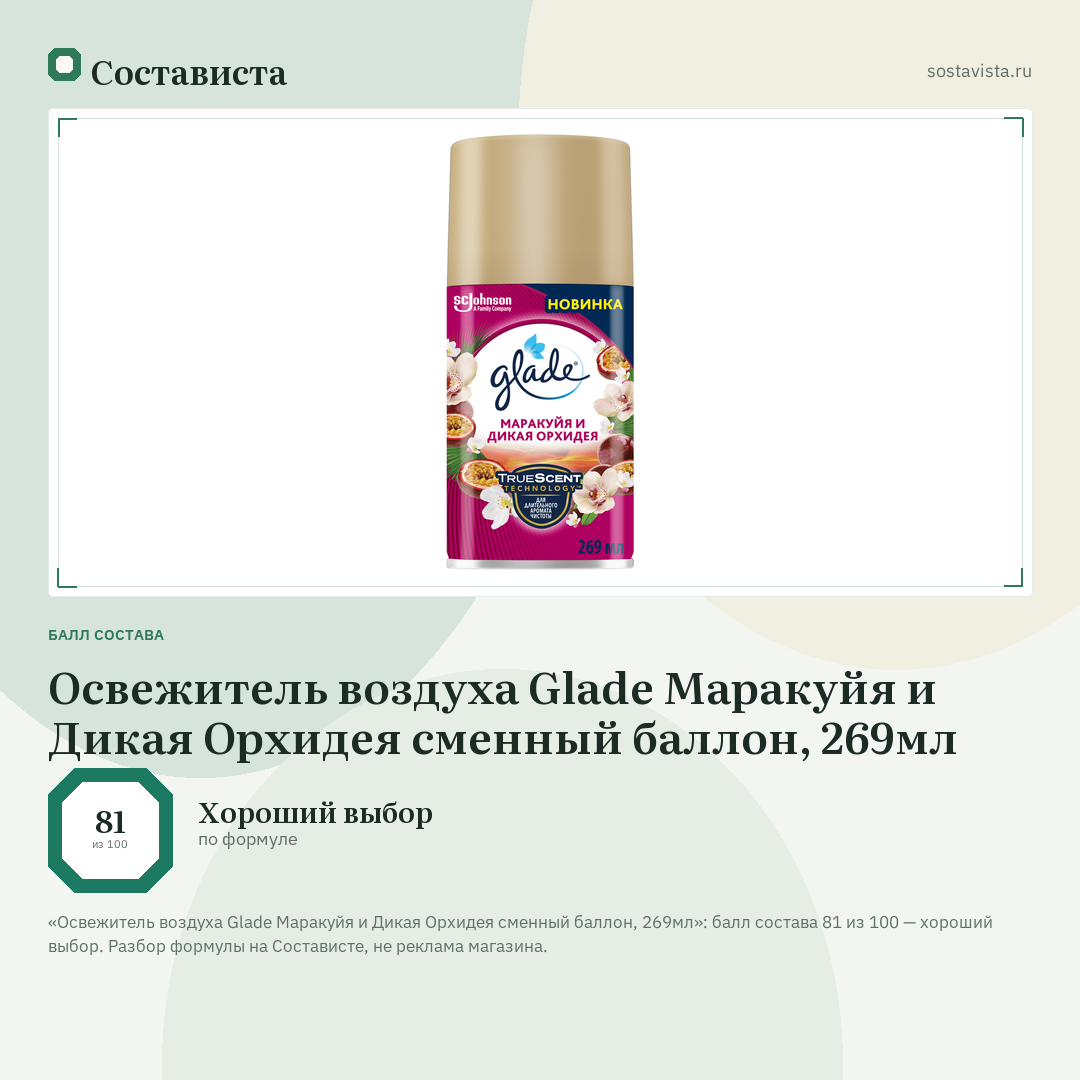 Освежитель воздуха Glade Маракуйя и Дикая Орхидея сменный баллон, 269мл: балл состава 81 из 100 — Состависта