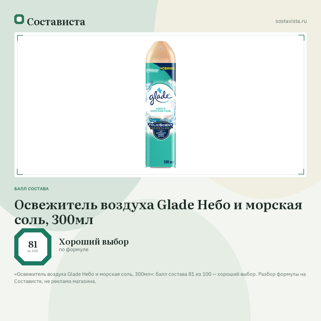 Освежитель воздуха Glade Небо и морская соль, 300мл: балл состава 81 из 100 — Состависта