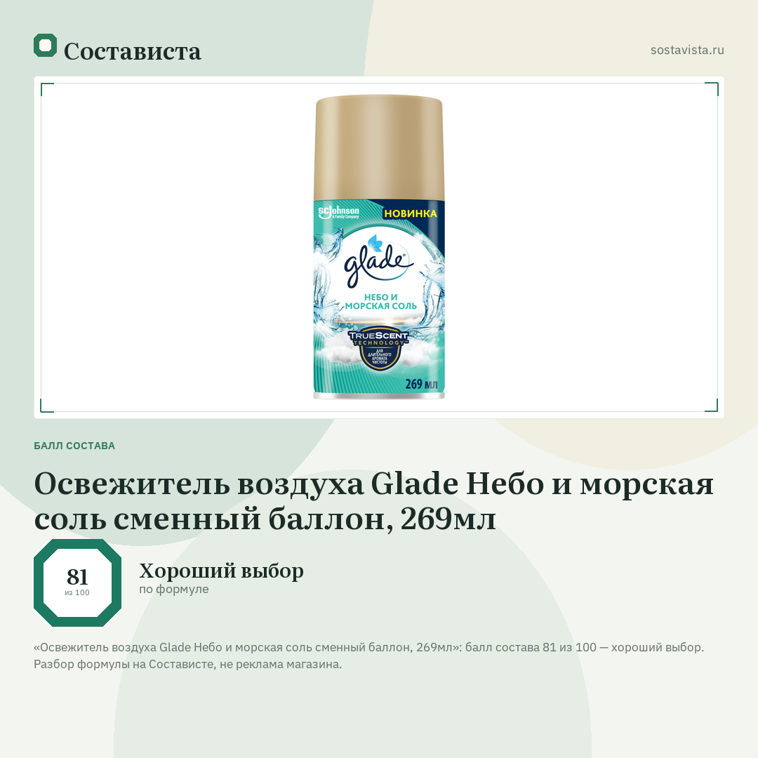 Освежитель воздуха Glade Небо и морская соль сменный баллон, 269мл: балл состава 81 из 100 — Состависта