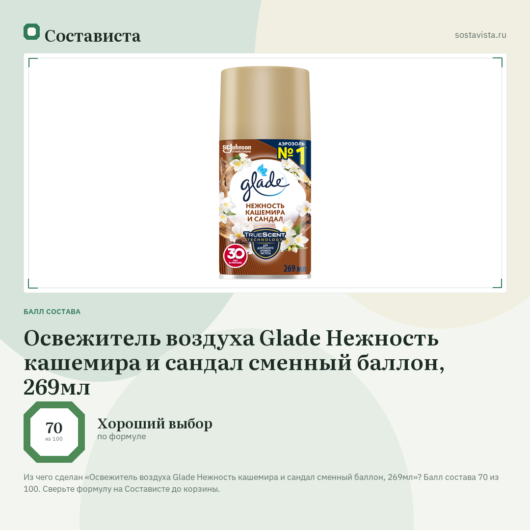 Освежитель воздуха Glade Нежность кашемира и сандал сменный баллон, 269мл: балл состава 70 из 100 — Состависта