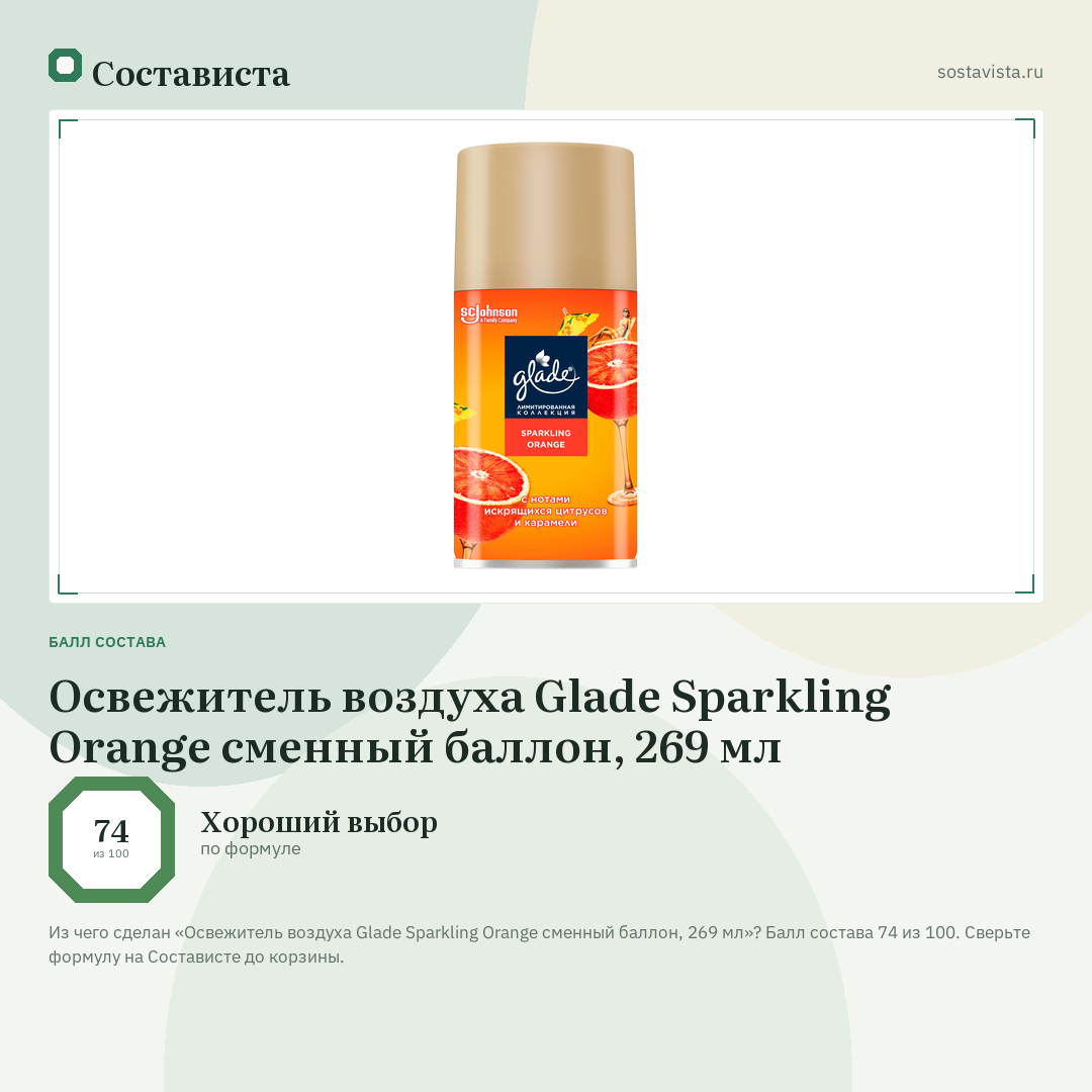 Освежитель воздуха Glade Sparkling Orange сменный баллон, 269 мл: балл состава 74 из 100 — Состависта