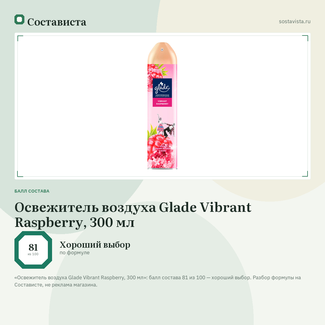 Освежитель воздуха Glade Vibrant Raspberry, 300 мл: балл состава 81 из 100 — Состависта