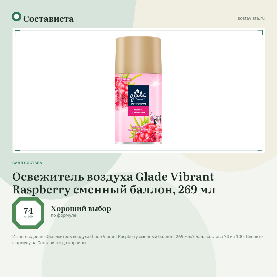 Освежитель воздуха Glade Vibrant Raspberry сменный баллон, 269 мл: балл состава 74 из 100 — Состависта