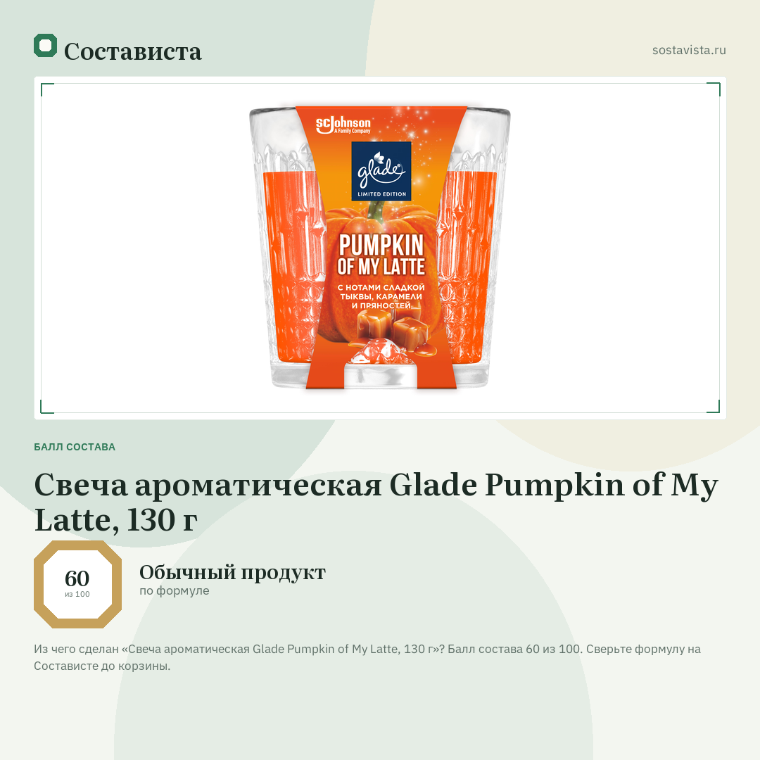 Свеча ароматическая Glade Pumpkin of My Latte, 130 г: балл состава 60 из 100 — Состависта
