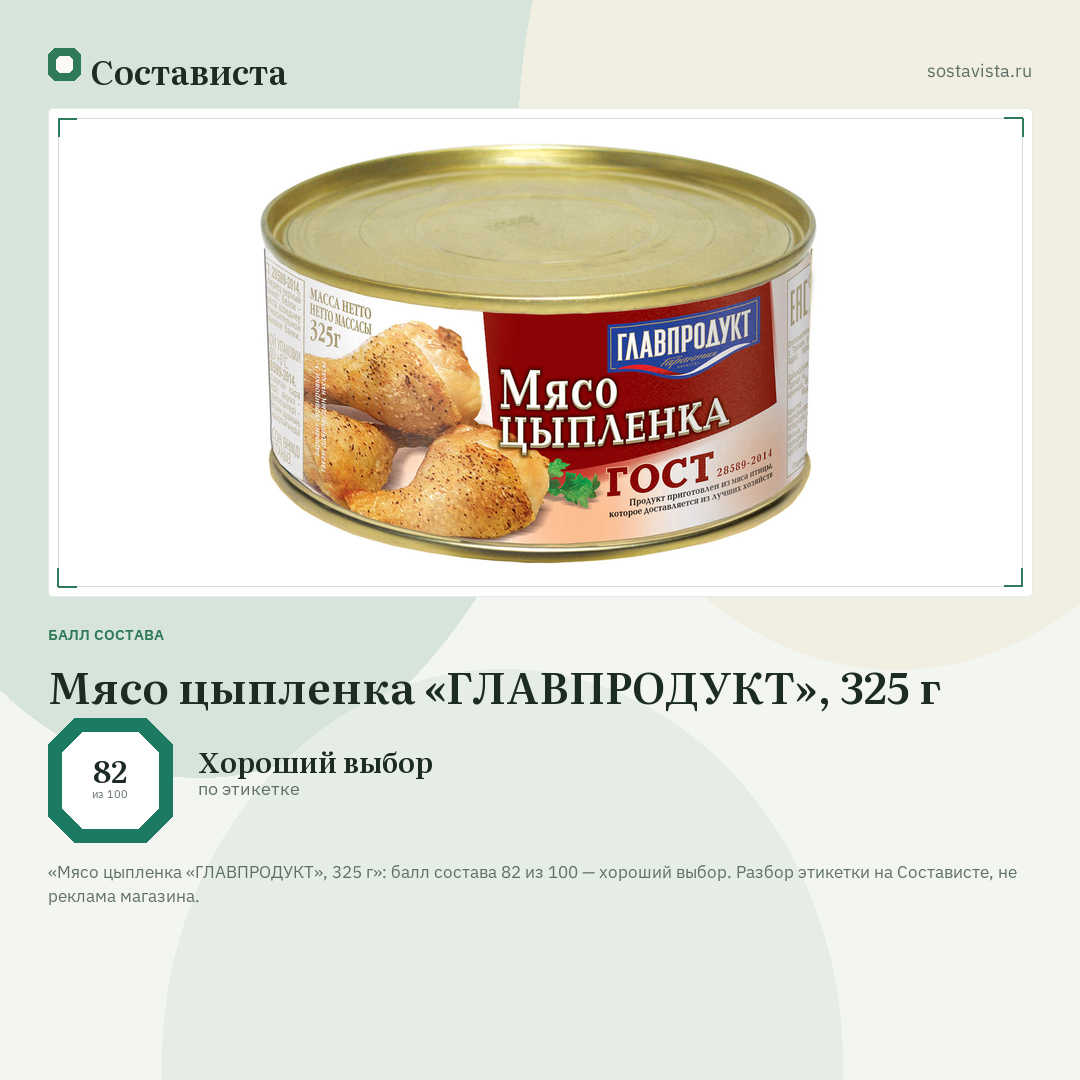 Мясо цыпленка «ГЛАВПРОДУКТ», 325 г: балл состава 82 из 100 — Состависта