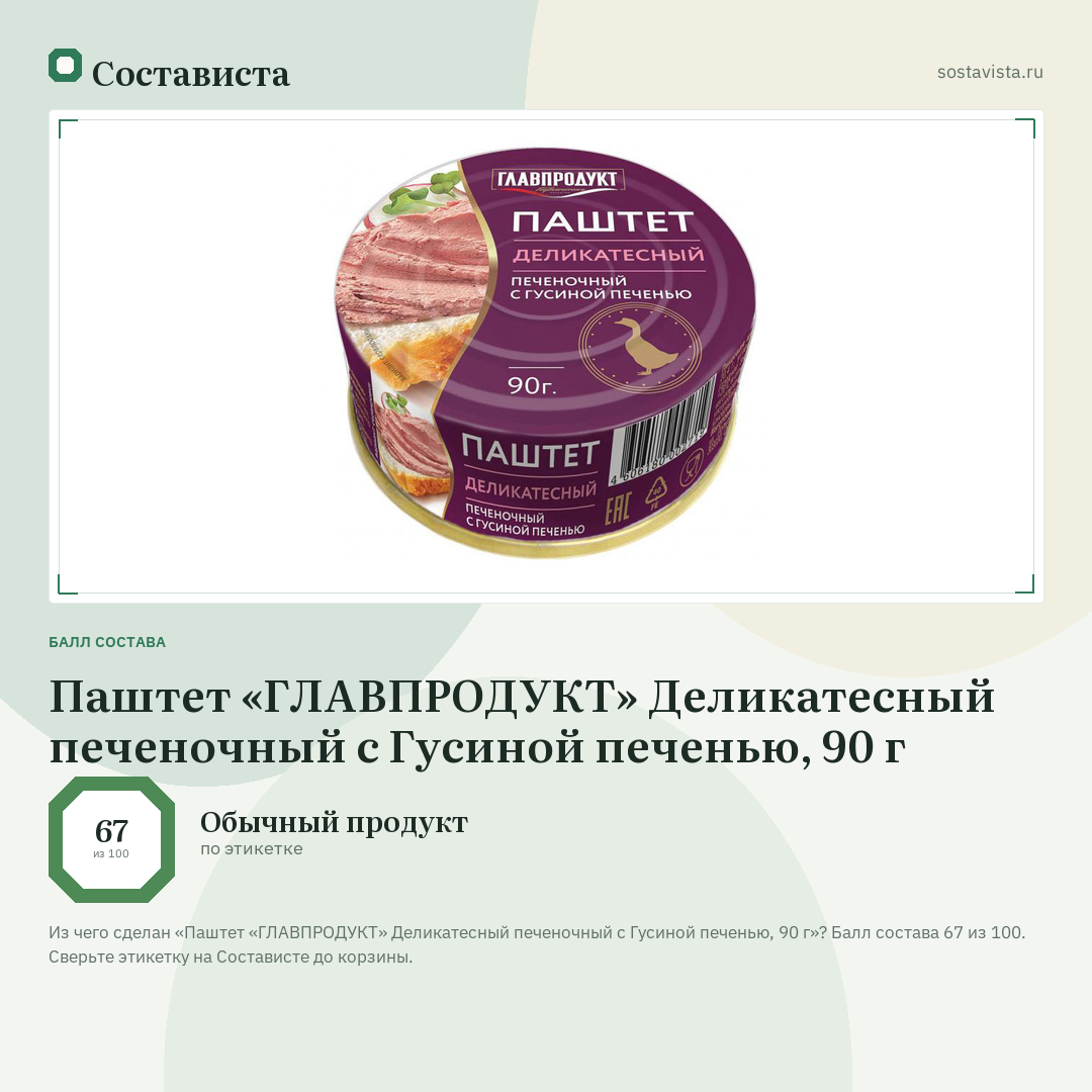 Паштет «ГЛАВПРОДУКТ» Деликатесный печеночный с Гусиной печенью, 90 г: балл состава 67 из 100 — Состависта