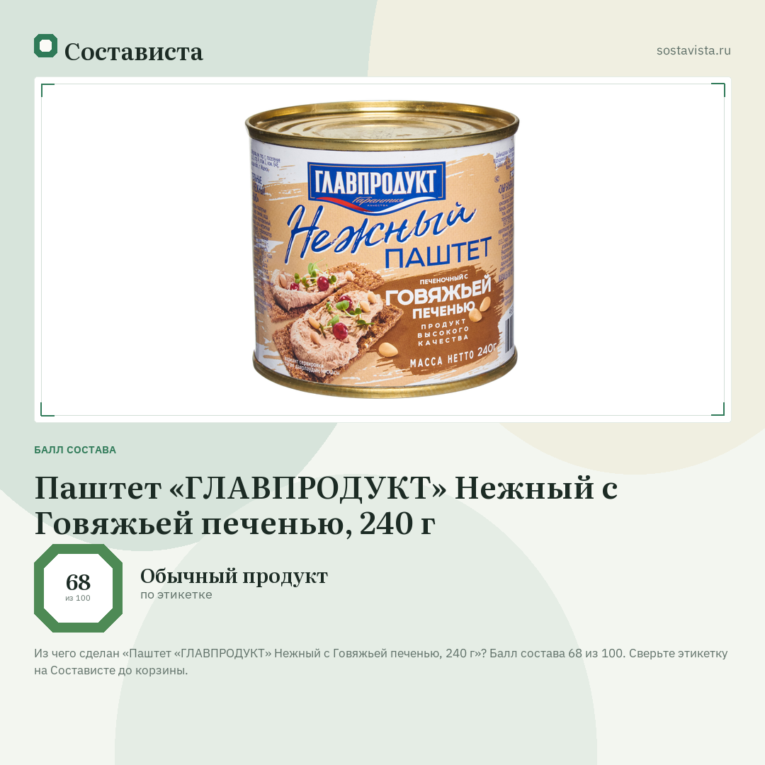 Паштет «ГЛАВПРОДУКТ» Нежный с Говяжьей печенью, 240 г: балл состава 68 из 100 — Состависта