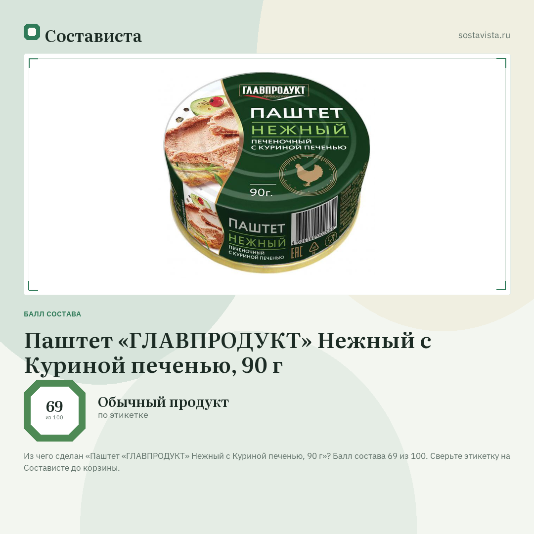 Паштет «ГЛАВПРОДУКТ» Нежный с Куриной печенью, 90 г: балл состава 69 из 100 — Состависта